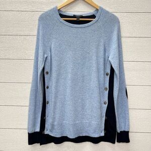 J. Crew Wool Angora Blue Navy Colorblock Pullover Elbow Patch Button Sides Sweat